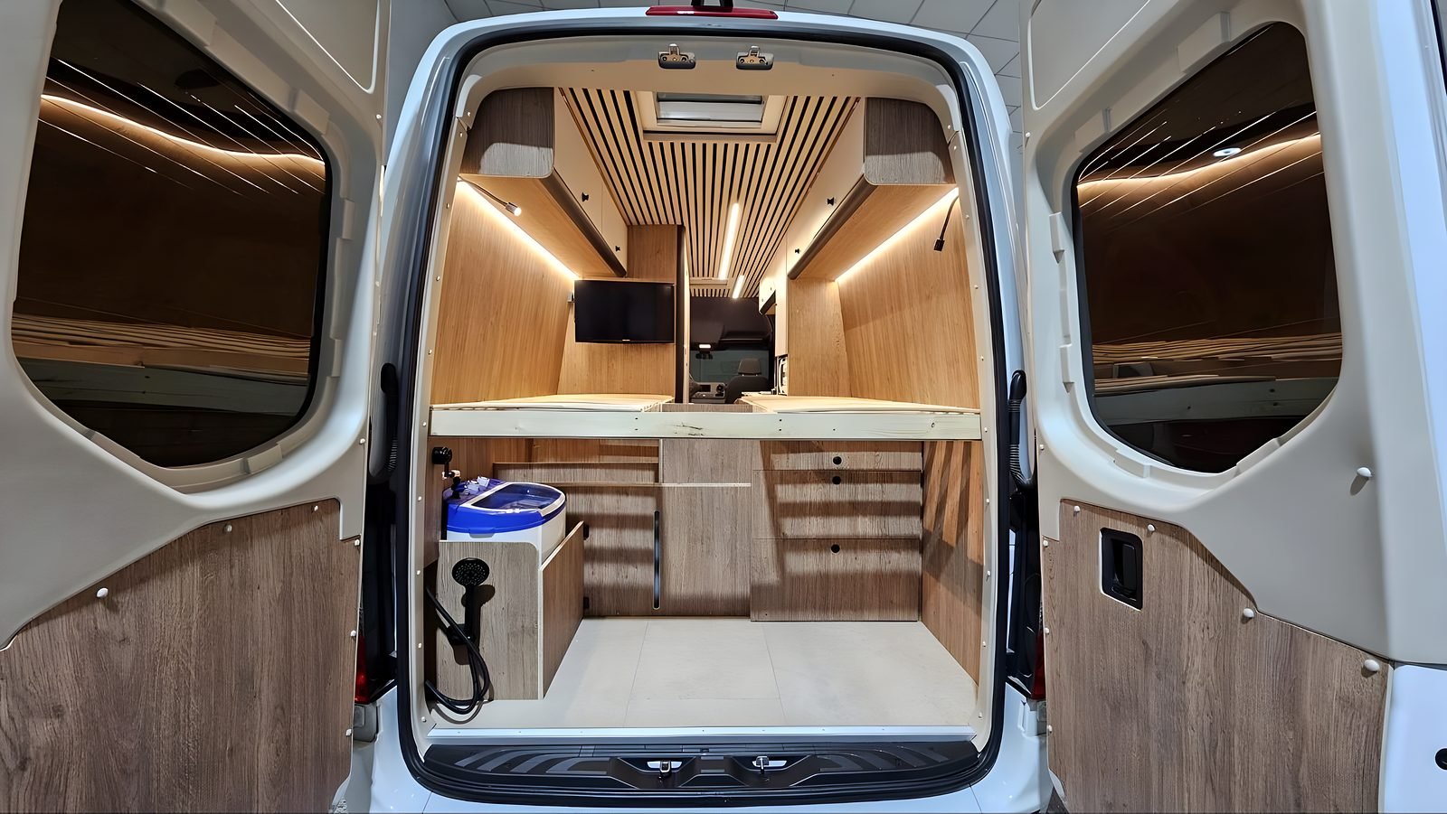 Furgón camperizado por Mallorca Camper con las puertas traseras abiertas y el interior de madera terminado